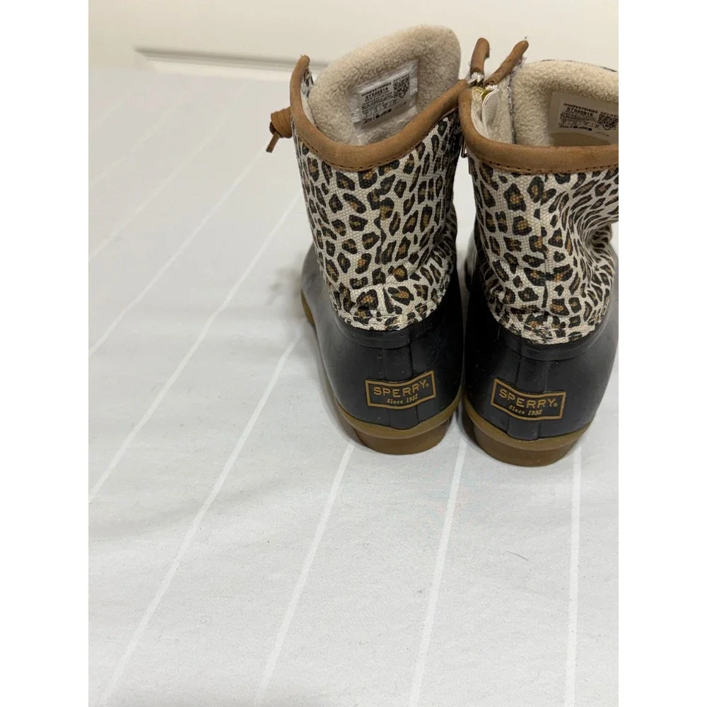 Sperry Saltwater Leopard Print Duck Boots Black Tan Womens 6 STS85919